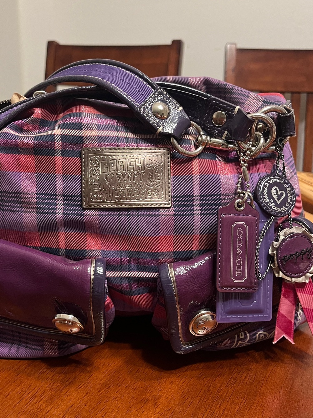 Coach poppy purple tartan plaid hobo shoulder bag charms Y2K vintage
